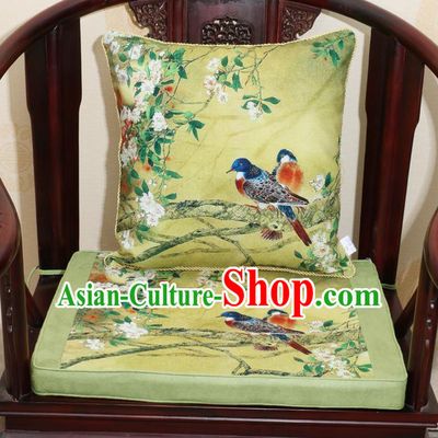 Chinese Classical Household Ornament Traditional Flowers Birds Pattern Green Brocade Cushion Cover and Armchair Mat Cover