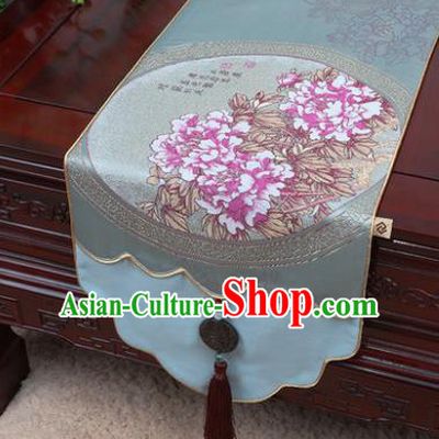 Chinese Traditional Peony Pattern Blue Brocade Table Cloth Classical Household Ornament Table Flag