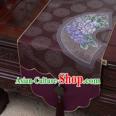 Chinese Traditional Peony Pattern Purple Brocade Table Cloth Classical Household Ornament Table Flag