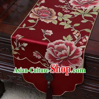 Chinese Traditional Peony Pattern Wine Red Brocade Table Cloth Classical Household Ornament Table Flag