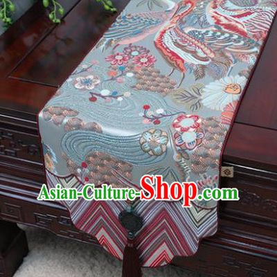 Chinese Traditional Cranes Pattern Blue Brocade Table Cloth Classical Household Ornament Table Flag