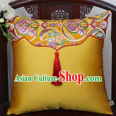 Chinese Traditional Peony Pattern Golden Brocade Tassel Back Cushion Cover Classical Household Ornament