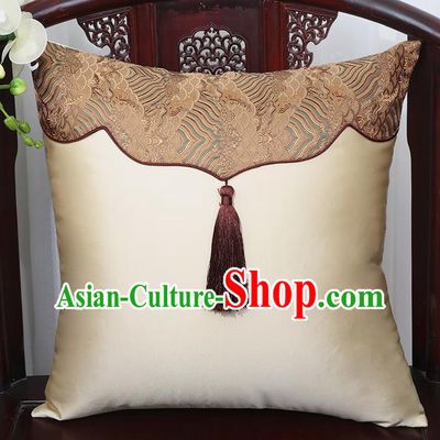 Chinese Traditional Beige Brocade Back Cushion Cover Classical Household Ornament