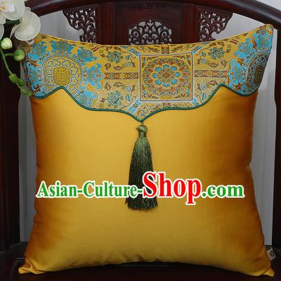 Chinese Traditional Yellow Brocade Back Cushion Cover Classical Household Ornament