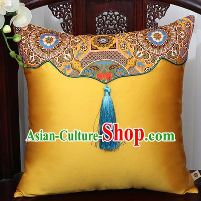 Chinese Traditional Pattern Golden Brocade Tassel Back Cushion Cover Classical Household Ornament