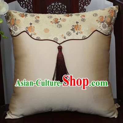 Chinese Traditional Chrysanthemum Pattern Brocade Tassel Back Cushion Cover Classical Household Ornament