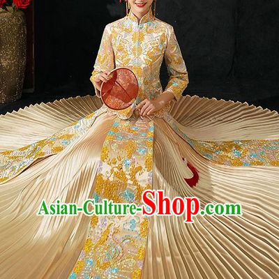 Chinese Traditional Wedding Costumes Bride Toast Golden Xiuhe Suits Ancient Embroidered Full Dress for Women