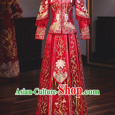 Chinese Traditional Wedding Costumes Embroidered Peony Red Xiuhe Suits Ancient Bride Toast Full Dress for Women