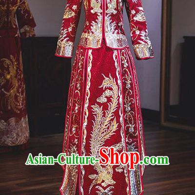 Chinese Traditional Wedding Costumes Embroidered Phoenix Red Xiuhe Suits Ancient Bride Toast Full Dress for Women