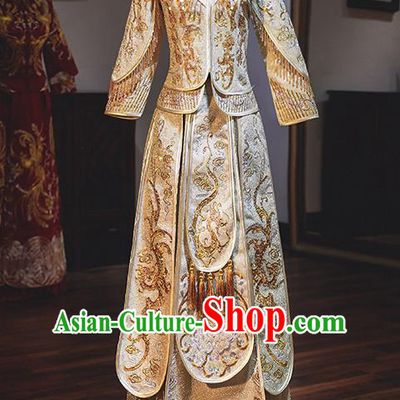 Chinese Traditional Wedding Costumes Embroidered Phoenix Golden Xiuhe Suits Ancient Bride Toast Full Dress for Women