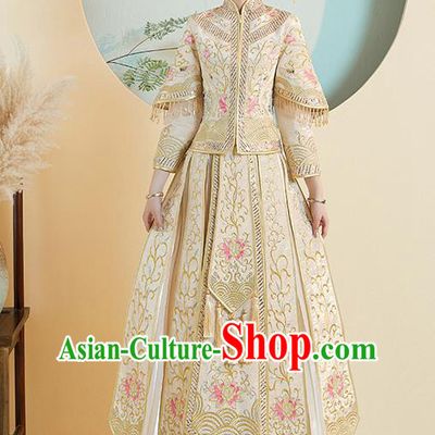 Chinese Traditional Embroidered Peony Golden Xiuhe Suits Ancient Bride Toast Wedding Costumes for Women