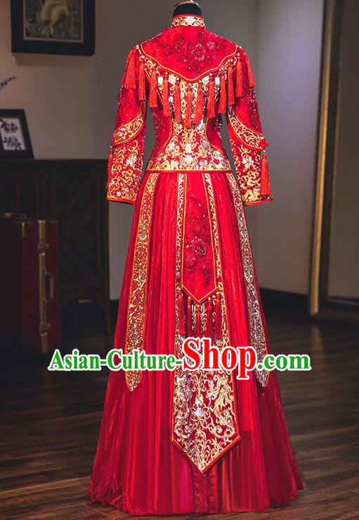 Chinese Traditional Embroidered Red Xiuhe Suits Ancient Bride Toast Wedding Costumes for Women Chinese Traditional Embroidered Red Xiuhe Suits Ancient Bride Toast Wedding Costumes for Women