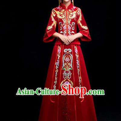 Chinese Traditional Bride Toast Embroidered Red Xiuhe Suits Ancient Wedding Costumes for Women