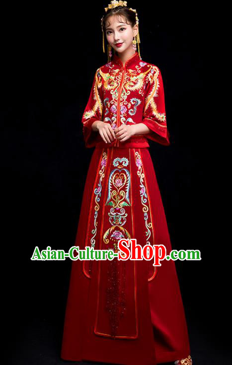 Chinese Traditional Bride Toast Embroidered Red Xiuhe Suits Ancient Wedding Costumes for Women Chinese Traditional Bride Toast Embroidered Red Xiuhe Suits Ancient Wedding Costumes for Women