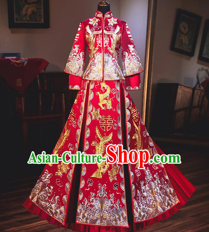 Chinese Traditional Bride Xiuhe Suits Ancient Handmade Embroidered Red Wedding Costumes for Women Chinese Traditional Bride Xiuhe Suits Ancient Handmade Embroidered Red Wedding Costumes for Women