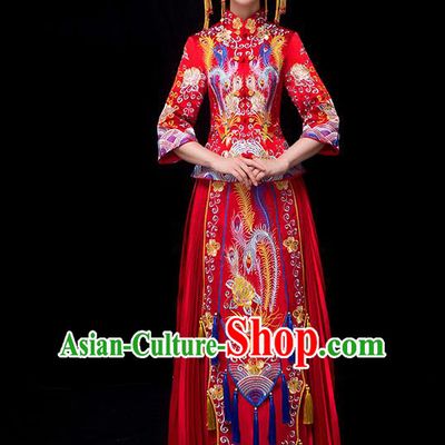 Chinese Traditional Bride Xiuhe Suits Ancient Handmade Embroidered Phoenix Red Wedding Costumes for Women