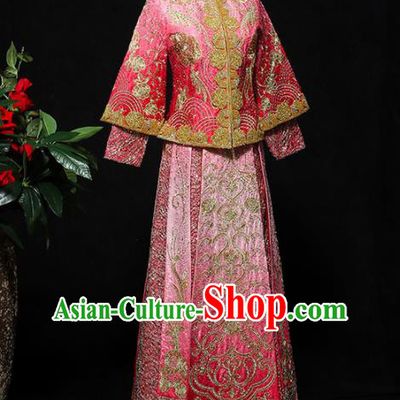 Chinese Traditional Bride Pink Xiuhe Suits Ancient Handmade Embroidered Wedding Costumes for Women