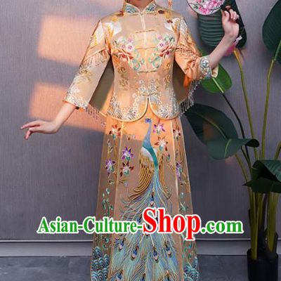 Chinese Traditional Bride Embroidered Peacock Xiuhe Suits Ancient Handmade Wedding Costumes for Women