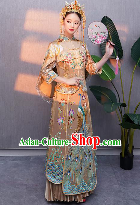 Chinese Traditional Bride Embroidered Peacock Xiuhe Suits Ancient Handmade Wedding Costumes for Women Chinese Traditional Bride Embroidered Peacock Xiuhe Suits Ancient Handmade Wedding Costumes for Women