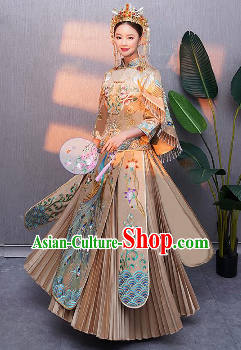 Chinese Traditional Bride Embroidered Peacock Xiuhe Suits Ancient Handmade Wedding Costumes for Women Chinese Traditional Bride Embroidered Peacock Xiuhe Suits Ancient Handmade Wedding Costumes for Women