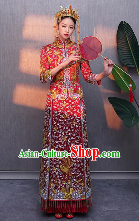 Chinese Traditional Bride Embroidered Red Xiuhe Suits Ancient Handmade Wedding Costumes for Women Chinese Traditional Bride Embroidered Red Xiuhe Suits Ancient Handmade Wedding Costumes for Women