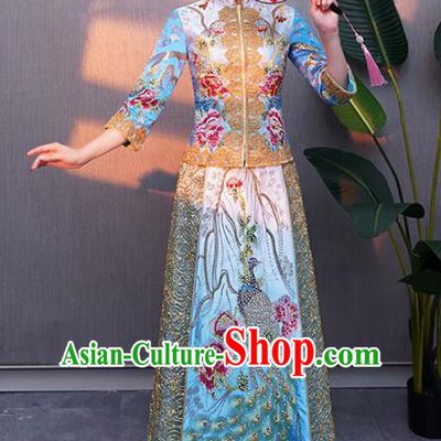 Chinese Traditional Bride Embroidered Peacock Blue Xiuhe Suits Ancient Handmade Wedding Costumes for Women