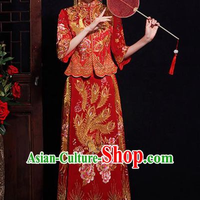 Chinese Traditional Bride Embroidered Phoenix Peony Xiuhe Suits Ancient Handmade Wedding Costumes for Women