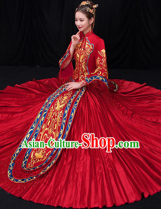 Chinese Traditional Bride Embroidered Red Xiuhe Suits Ancient Wedding Costumes for Women Chinese Traditional Bride Embroidered Red Xiuhe Suits Ancient Wedding Costumes for Women