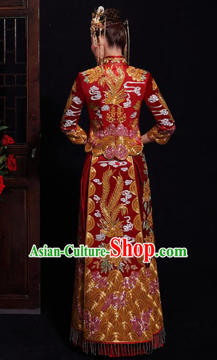 Chinese Traditional Bride Embroidered Red Xiuhe Suits Ancient Handmade Wedding Costumes for Women Chinese Traditional Bride Embroidered Red Xiuhe Suits Ancient Handmade Wedding Costumes for Women