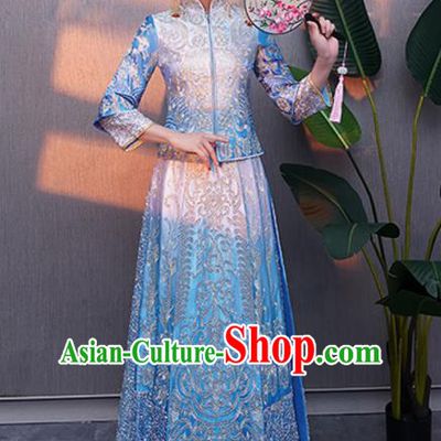 Chinese Traditional Bride Embroidered Blue Xiuhe Suits Ancient Handmade Wedding Costumes for Women