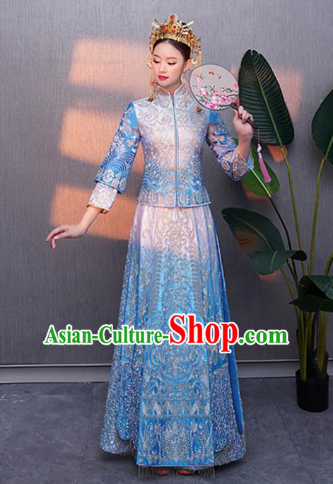 Chinese Traditional Bride Embroidered Blue Xiuhe Suits Ancient Handmade Wedding Costumes for Women Chinese Traditional Bride Embroidered Blue Xiuhe Suits Ancient Handmade Wedding Costumes for Women