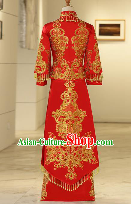 Chinese Traditional Bride Embroidered Xiuhe Suits Ancient Handmade Red Wedding Costumes for Women Chinese Traditional Bride Embroidered Xiuhe Suits Ancient Handmade Red Wedding Costumes for Women
