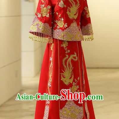 Chinese Traditional Bride Embroidered Phoenix Xiuhe Suits Ancient Handmade Red Wedding Costumes for Women