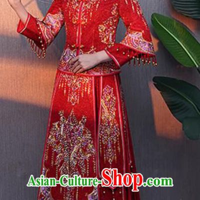 Chinese Traditional Bride Rhinestone Red Xiuhe Suits Ancient Handmade Embroidered Wedding Costumes for Women
