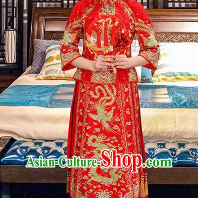 Chinese Traditional Bride Dragon Phoenix Red Xiuhe Suits Ancient Handmade Embroidered Wedding Costumes for Women