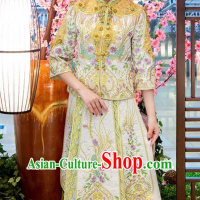 Chinese Traditional Bride Golden Xiuhe Suits Ancient Handmade Embroidered Wedding Costumes for Women