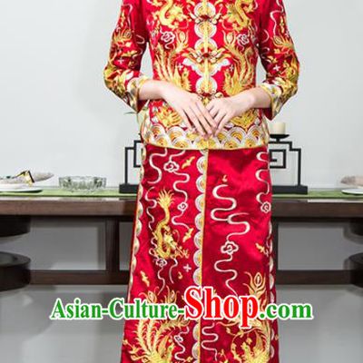Chinese Traditional Bride Red Silk Xiuhe Suits Ancient Handmade Embroidered Wedding Costumes for Women