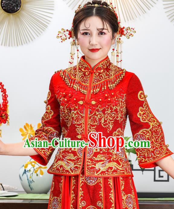 Chinese Traditional Bride Xiuhe Suits Ancient Handmade Embroidered Red Wedding Costumes for Women Chinese Traditional Bride Xiuhe Suits Ancient Handmade Embroidered Red Wedding Costumes for Women