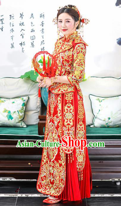 Chinese Traditional Bride Xiuhe Suits Ancient Handmade Golden Embroidered Wedding Costumes for Women Chinese Traditional Bride Xiuhe Suits Ancient Handmade Golden Embroidered Wedding Costumes for Women