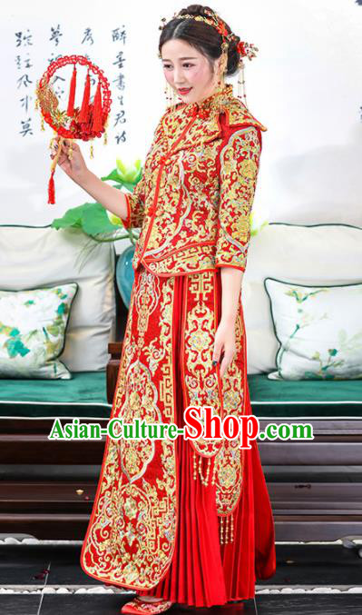 Chinese Traditional Bride Xiuhe Suits Ancient Handmade Golden Embroidered Wedding Costumes for Women Chinese Traditional Bride Xiuhe Suits Ancient Handmade Golden Embroidered Wedding Costumes for Women