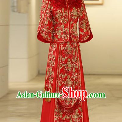Chinese Traditional Bride Embroidered Peony Xiuhe Suits Ancient Handmade Red Wedding Costumes for Women