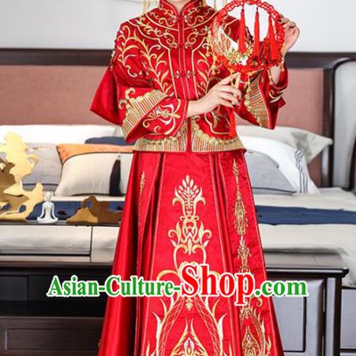 Chinese Traditional Bride Red Xiuhe Suits Ancient Handmade Embroidered Wedding Dresses for Women