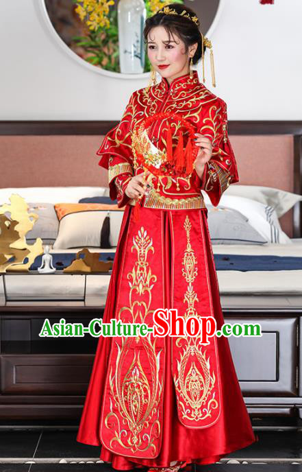 Chinese Traditional Bride Red Xiuhe Suits Ancient Handmade Embroidered Wedding Dresses for Women