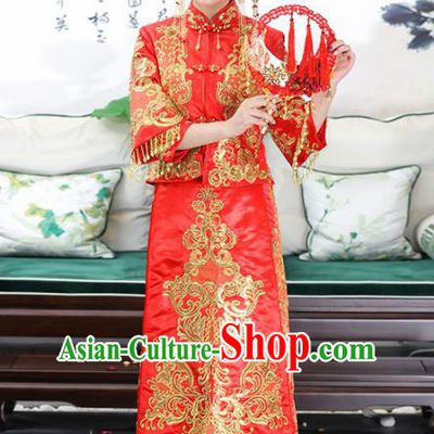 Chinese Traditional Bride Red Satin Xiuhe Suits Ancient Handmade Wedding Dresses for Women