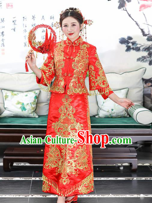 Chinese Traditional Bride Red Satin Xiuhe Suits Ancient Handmade Wedding Dresses for Women