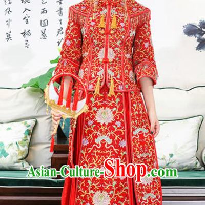 Chinese Traditional Bride Red Embroidered Lotus Xiuhe Suits Ancient Handmade Wedding Dresses for Women