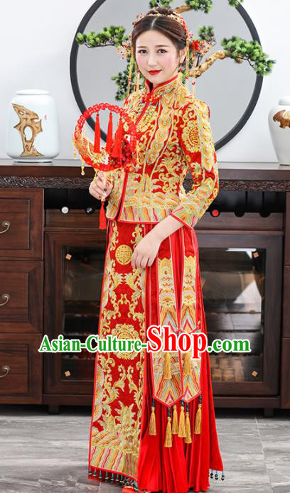 Chinese Traditional Bride Embroidered Red Xiuhe Suits Ancient Handmade Wedding Dresses for Women Chinese Traditional Bride Embroidered Red Xiuhe Suits Ancient Handmade Wedding Dresses for Women