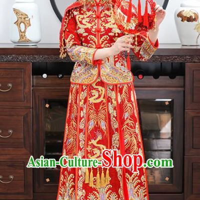 Chinese Traditional Bride Embroidered Dragons Xiuhe Suits Ancient Handmade Red Wedding Dresses for Women