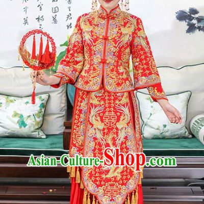 Chinese Traditional Bride Embroidered Dragon Phoenix Xiuhe Suits Ancient Handmade Red Wedding Dresses for Women