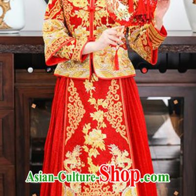 Chinese Traditional Bride Embroidered Dragons Peony Xiuhe Suits Ancient Handmade Red Wedding Dresses for Women